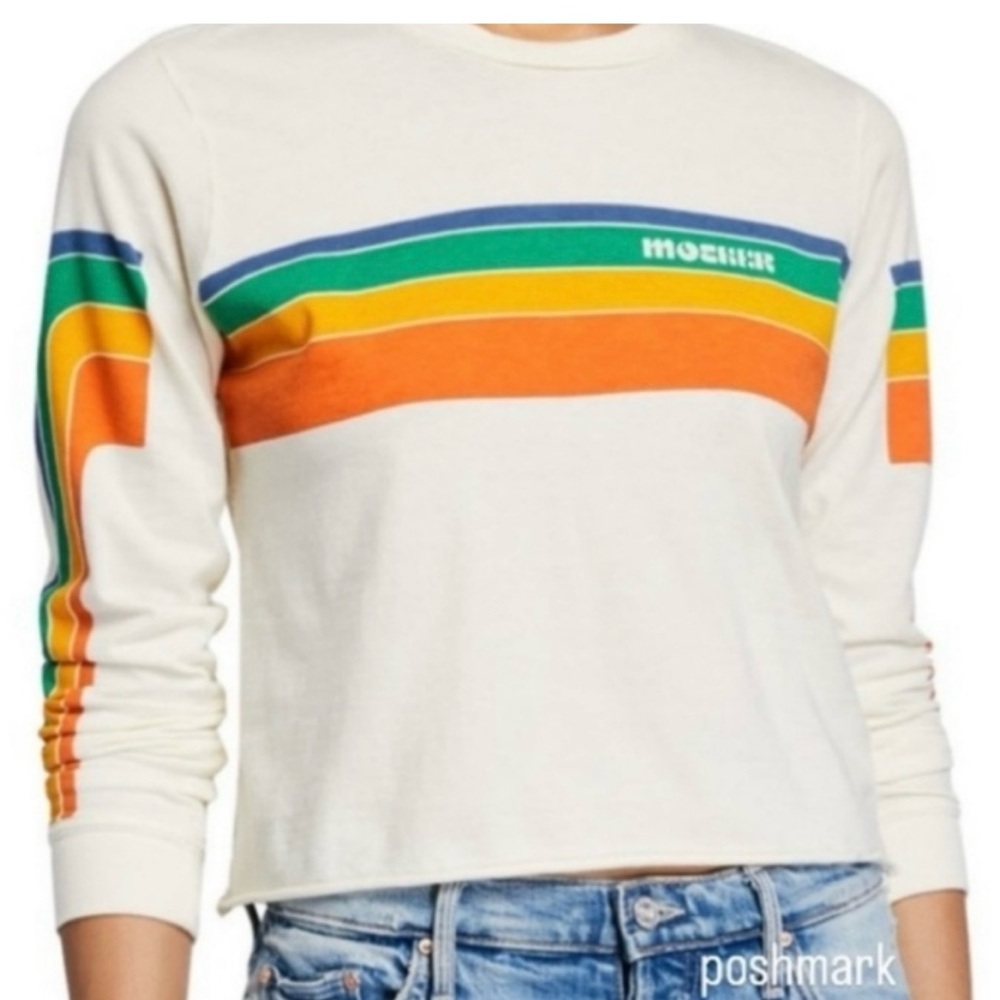 MOTHER Cream Long Sleeve Tee with Rainbow Stripes (Green, Blue, Yellow, Orange)